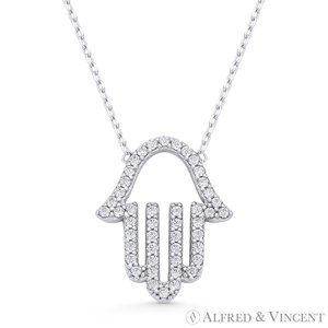 Hamsa Hand Evil Eye Charm CZ Crystal Pendant in .925 Sterling Silver w/ Rhodium